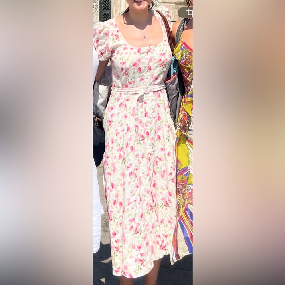 Ralph Lauren White Floral Midi Dress with Pink Roses Elizabeth 100% linen garden